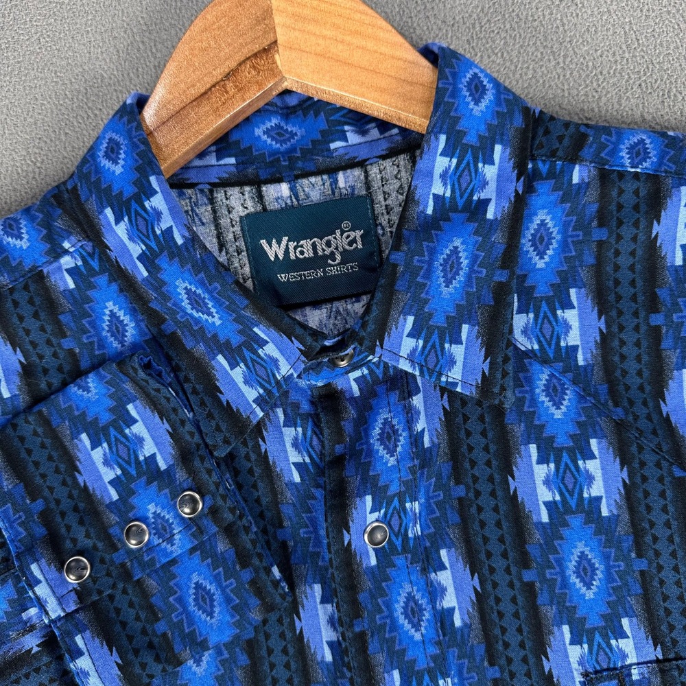 Wrangler Pearl Snap Shirt Mens 2XL Black Blue Ikat Aztec Checotah Navajo Cowboy